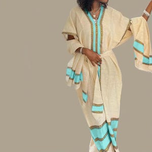 Habesha Cotton Dress with Scarf & Waist Band Ethiopian Casual Dress image 1