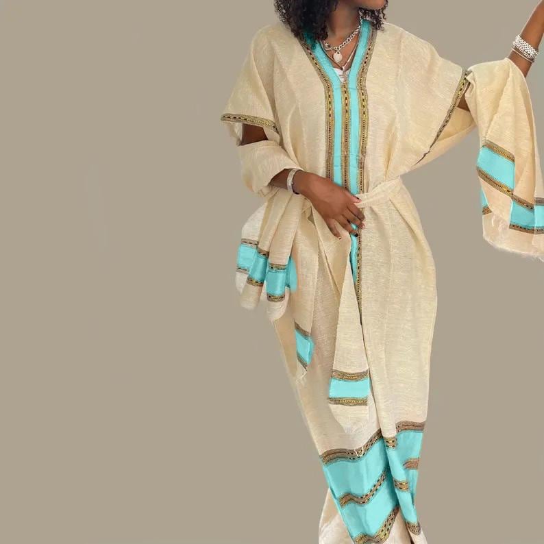 Habesha Cotton Dress with Scarf & Waist Band Ethiopian Casual Dress image 1
