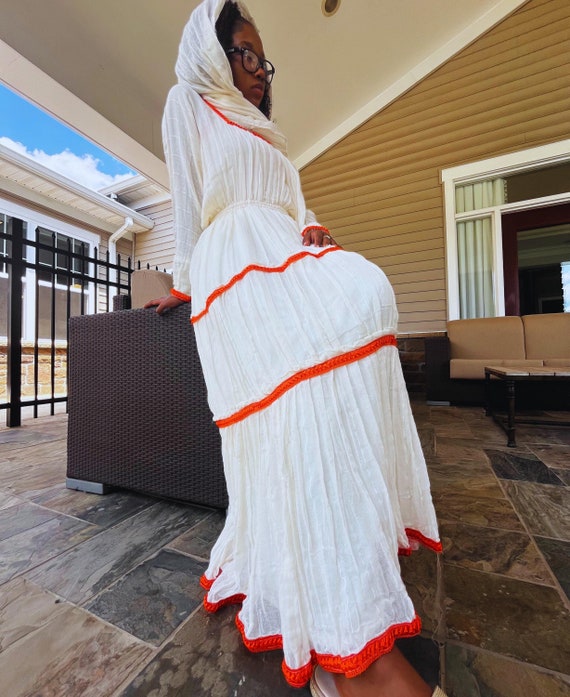 Elegant Fall Maxi Dress and Matching Scarf Traditional Ethiopian Cotton Dress Cute Long Sleeve Dress for Special Occasion Simple Boho Gown Etsy