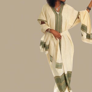 New Ethiopian Buna Dress Olive Green for Women Scarf and Waist Band Included Long Sleeve Cotton Coffee Dress Ideal for Heritage Celebrations