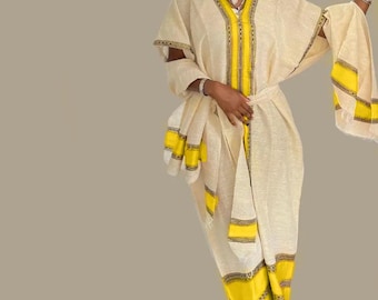 Ethiopian Cotton Buna Dress Belt Scarf: Handwoven Casual Gown Lemon Drop Yellow