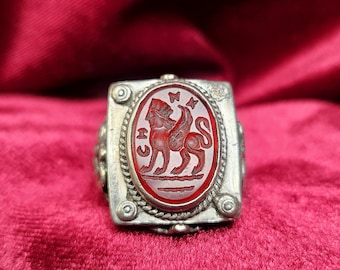 Magic Ring of Marchosias: Winged Lion Carnelian Intaglio Protection Amulet
