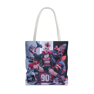 Puede incluir: Una bolsa de tela con una ilustración colorida de una mujer con un atuendo de los años 90, rodeada de objetos de esa época, como un radiocasete, una patineta y un par de zapatillas. El texto "90's" se muestra de forma prominente en la bolsa.