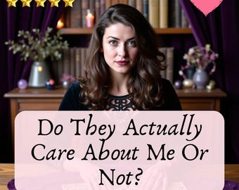 Puede incluir: Imagen de una mujer con cabello castaño largo, con el texto "Do They Actually Care About Me Or Not?" y "Tarot Reading". La imagen incluye un corazón rosa y cinco estrellas doradas.