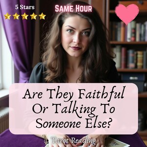May include: A woman with long brown hair and a black top is the central focus. Text on a pink background reads "Are They Faithful Or Talking To Someone Else?" with "Tarot Reading" below. The image includes a pink heart and gold stars.