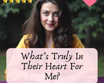 May include: A woman with long brown hair and a yellow top is the focal point of this image. Text on a pink background reads "What's Truly In Their Heart For Me?" with "Tarot Reading" below. A pink heart and five gold stars are also visible.
