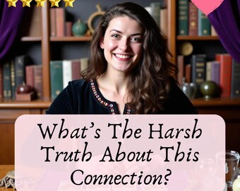 May include: A smiling woman with long brown hair is centered in the image. Text on a pink banner reads "What's The Harsh Truth About This Connection?" and "Tarot Reading." The image also includes the text "5 Stars" and "SAME HOUR."