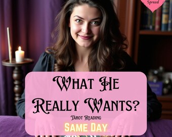 May include: A woman is holding a spread of tarot cards in front of her. The cards are fanned out and the woman is looking at the camera. The background is a purple wall and a bookshelf. The text on the image says "What He Really Wants? Tarot Reading Same Day" and "5 Card Spread".