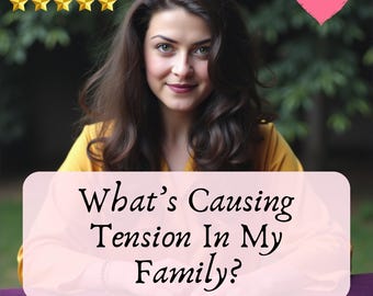 May include: A woman with long brown hair and a yellow top is smiling. Text on the image reads "What's Causing Tension In My Family?" and "Tarot Reading." There are tarot cards on the table. The image also includes a pink heart and the words "SAME HOUR."
