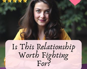 May include: A woman with long brown hair and a yellow top is the focal point of this image. Text on a pink background reads "Is This Relationship Worth Fighting For?" with "Tarot Reading" below. A pink heart and "SAME HOUR" are also visible.