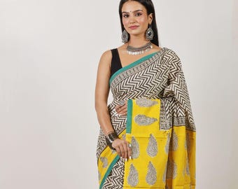 Handblock Druck Mulmul Baumwolle Saree: Jaipuri Sari mit Bluse