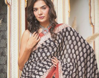 Indian blocks Print Mulmul Cotton Saree | Festive Ethnic Wear for Women