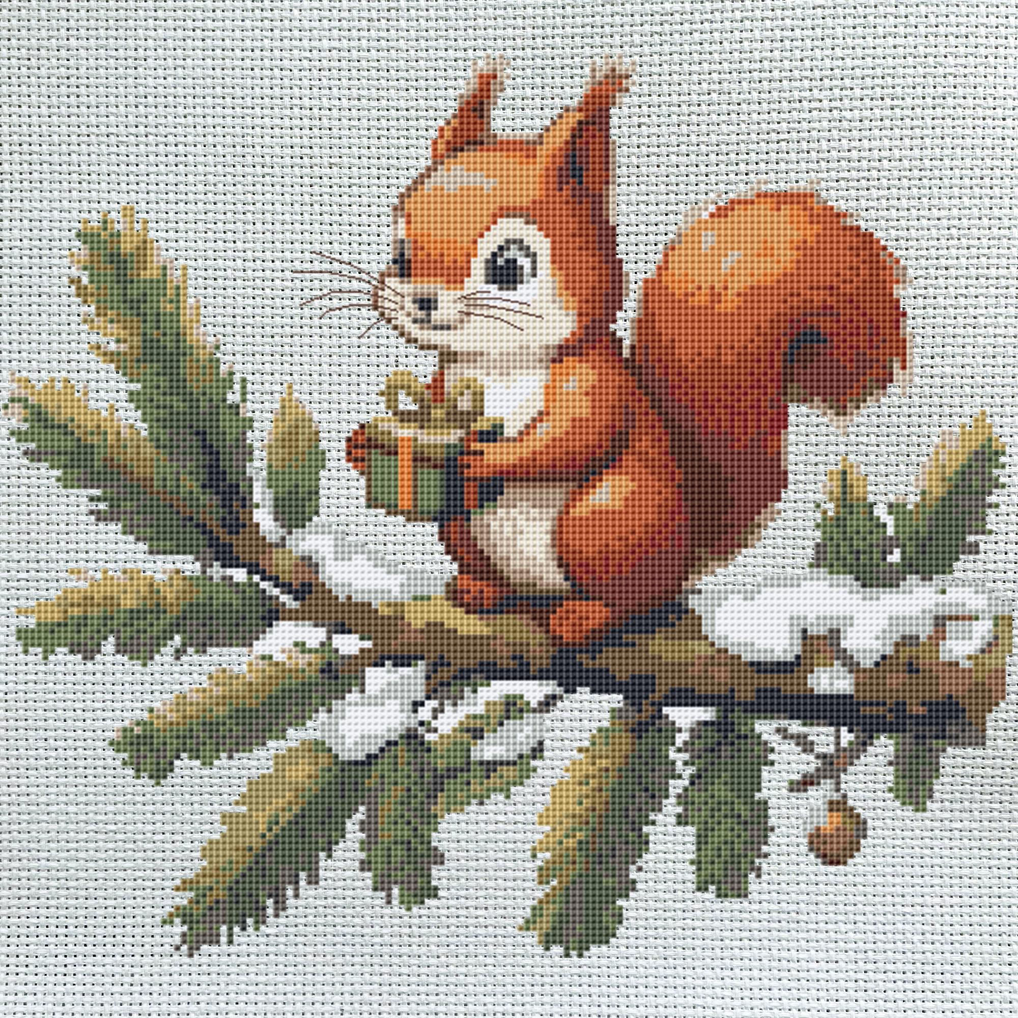 Squirrel on Christmas Tree Cross Stitch Pattern: Winter Embroidery With ...