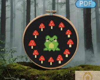 Frog and Mushrooms Cross Stitch Pattern: Funny Halloween Embroidery (PDF Download)