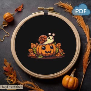 Pumpkin snail simple Halloween cross stitch pattern PDF - digital download embroidery for beginners autumn gift decor creativity cottagecore