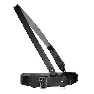 May include: A black leather belt with a matching shoulder strap. The belt has a silver buckle and several adjustment holes. The shoulder strap is attached to the belt with a leather loop and a metal rivet.