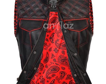 Handmade Leather Biker Vest: Diamond Quilted Motorcycle Vest, Black & Red