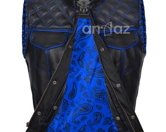 Handmade Leather Biker Vest: Diamond Quilted Motorcycle Vest, Black & Red