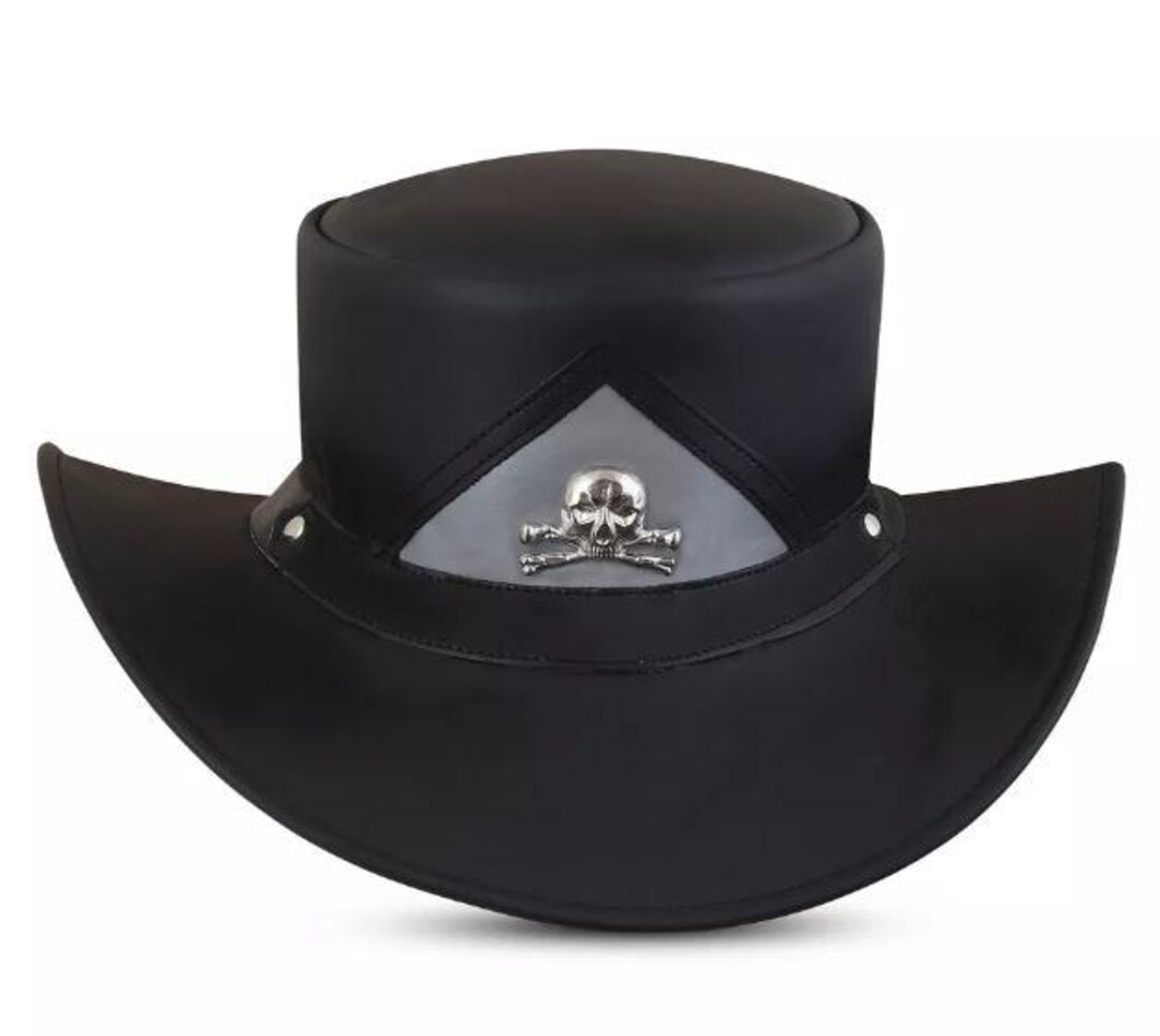 thumbnail image 2 of Unisex Black Genuine Leather Cowboy Western Hat – S/M/L/XL Sizes, Classic Style 2 of 5