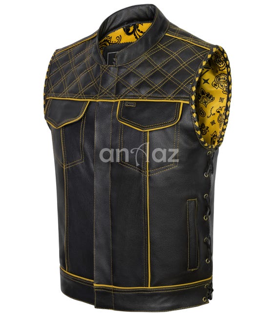 Diamond Quilted Leather Biker Vest: Handmade Motorcycle Club Style