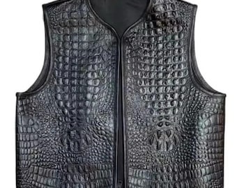 Anaaz Black Embossed Crocodile-Pattern Cowhide Leather Biker Vest – Motorcycle Waistcoat