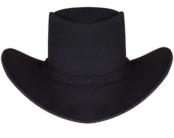 Sombrero vaquero de fieltro negro / Ala ancha, banda trenzada estilo western