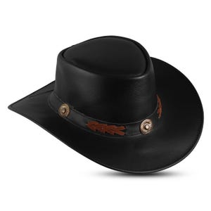 May include: A black leather cowboy hat with a brown leather band and decorative metal accents.