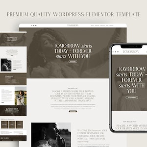 Puede incluir: Una maqueta de sitio web con un fondo marrón y el rostro de una mujer en el fondo. El texto en el sitio web dice "Mañana comienza hoy - para siempre comienza contigo".