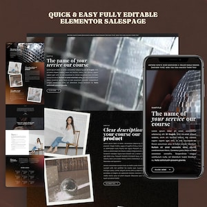 May include: A black and white website mockup with a disco ball theme. The website features a large image of a disco ball, text that reads "The name of your service our course", and a clear description of the course or product. The website is designed to be quick and easy to edit using Elementor.