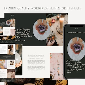 以下が含まれることがあります： 濃い緑色とベージュの配色が特徴のウェブサイトテンプレートのデザイン。 ウェブサイトを表示するスマートフォン、クリスタル、キャンドル、そして「Welcome to Luxe」というテキストが含まれています。 テキスト「Premium Quality Wordpress Elementor Template」が上部にあります。