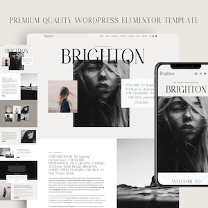 May include: A website design template for a business called Brighton. The website features a black and white photo of a woman with the text "Welcome to Brighton, your guide to unlocking your creative potential."
