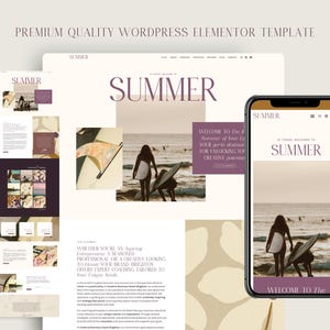 May include: A website design template for a business called "Summer" with a purple and white color scheme. The website features images of people surfing and a text box that says "Welcome to the Summer of Your Life. Your go-to destination for unlocking your creative potential."