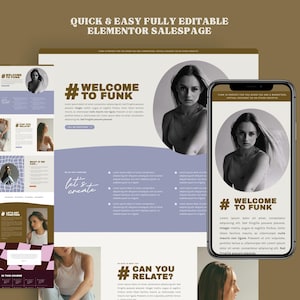 Op de afbeelding: Een website-landingspagina met een paars en wit kleurenschema. De pagina bevat een grote afbeelding van een vrouw met de tekst "# Welcome to Funk" en "Let's create" in een bruin lettertype. De pagina bevat ook een mobiel telefoonmockup met een vergelijkbaar ontwerp en de tekst "# Welcome to Funk".