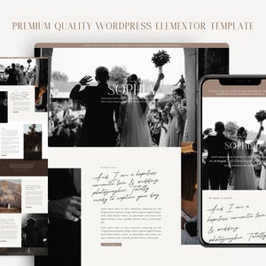 Könnte beinhalten: Ein Website-Template-Design mit Hochzeitsthema, angezeigt auf einem Laptop und einem Smartphone. Das Design zeigt ein Schwarz-Weiß-Foto einer Hochzeit, den Namen "SOPHIA" und den Text "And I am a hopeless romantic love & wedding photographer. Totally ready to capture your day."