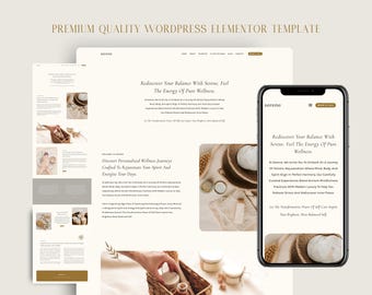 May include: Website mockup for a wellness brand called Serene. The website features a minimalist design with a focus on natural elements. The text on the website reads "Rediscover Your Balance With Serene. Feel The Energy Of Pure Wellness." and "Discover Personalized Wellness Journeys Crafted To Rejuvenate Your Spirit And Energize Your Days."