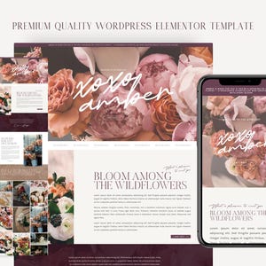 May include: A website design template with a floral theme. The design includes a desktop layout, a mobile layout on a smartphone, and several design elements. The text "xoxo amber" and "BLOOM AMONG THE WILDFLOWERS" are visible.