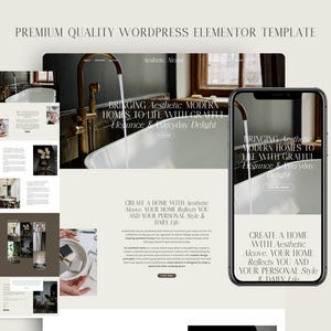 Puede incluir: Plantilla de diseño de sitio web para un negocio de decoración del hogar. La plantilla presenta un baño moderno con una bañera blanca y un grifo dorado. El texto en la página dice "Bringing Aesthetic, Modern Homes to Life with Graffu Elegance & Everyday Delight".