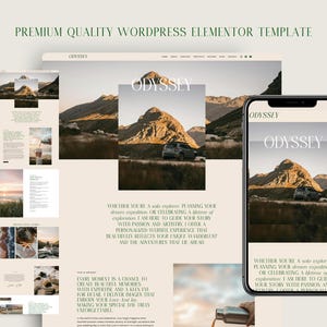 Puede incluir: Una plantilla de diseño de sitio web para un negocio de fotografía de viajes llamado Odyssey. La plantilla presenta un paisaje montañoso con un automóvil conduciendo por un camino, un primer plano de una cordillera y una superposición de texto que dice "Odyssey".