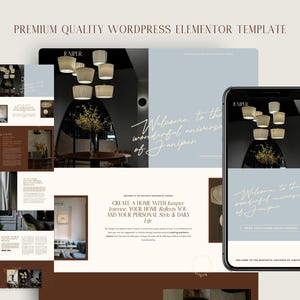 May include: A website mockup for a home decor company called Juniper. The website features a light blue background with the text "Welcome to the wonderful universe of Juniper" in a handwritten font. The website also features images of a living room with a large window and a chandelier.