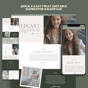 May include: A website landing page with a white background and a light brown header. The header has the text "QUICK & EASY FULLY EDITABLE ELEMENTOR SALESPAGE" in a brown font. The page has a section with the text "ELEGANT" in a large, bold, brown font. The page also has a section with the text "IS THIS FOR YOU?" in a smaller, brown font. The page has a section with the text "WELCOME TO ELEGANT" in a smaller, brown font. The page has a section with the text "James" in a smaller, brown font. The page has a section with the text "Till" in a smaller, brown font.