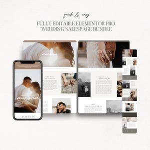 May include: A digital marketing bundle for wedding professionals featuring a fully editable Elementor Pro sales page. The layout includes a mobile phone view, a tablet view, and a desktop view, all displaying wedding photography and text.