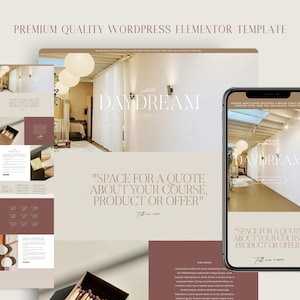 Może przedstawiać: Projekt strony internetowej dla firmy o nazwie "Daydream" o jasnej i przestronnej estetyce. Strona zawiera duże zdjęcie jasnego, nowoczesnego wnętrza z białymi ścianami i dużymi oknami. Tekst "Space for a quote about your course, product or offer" jest wyświetlany w prostym, eleganckim kroju pisma.