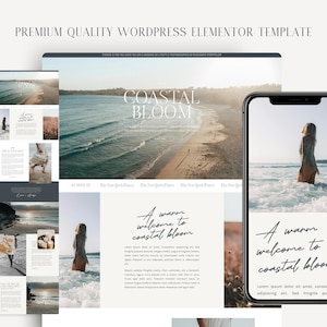 May include: A website design template shown on a laptop, tablet, and smartphone. The design features coastal imagery with the text "COASTAL BLOOM" and "A warm welcome to coastal bloom."