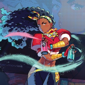 Puede incluir: Ilustración de una persona sosteniendo dos botes de pintura en aerosol, uno rosa y otro turquesa, con una bufanda y una diadema coloridas. El fondo es oscuro con el texto "KIME". La persona lleva una camiseta roja y pantalones azules.