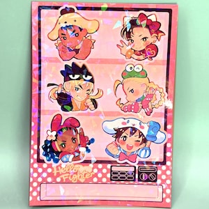 Puede incluir: Hoja de pegatinas rosa con seis personajes de dibujos animados. La hoja tiene un borde de lunares rosas y las palabras "Hello Fighter" están impresas en la parte inferior izquierda.