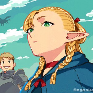 Puede incluir: Ilustración de arte pixelado de una mujer con largas trenzas rubias y orejas puntiagudas, vestida con una capa azul y una cinta roja. Un hombre con armadura está detrás de ella. Un dragón vuela en el cielo. El estilo artístico recuerda a un videojuego.