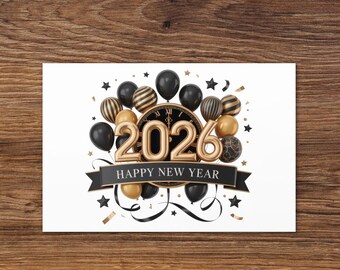 Custom Happy New Year 2026 Greeting Card Holiday Party Celebration Festive Seasonal Gathering Winter Event Cocktail Merry Christmas