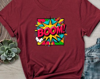Boom Comic Pop TShirt Baby Boomer Generation Senior Citizen Gift Millennial Funny 80s Nostalgia Cartoon Style Fireworks Hippie Shirt