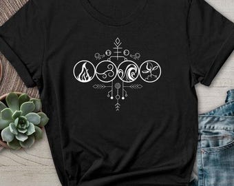 Fyra elementen natur t-shirt jord vatten luft eld 4 set t-shirt alkemisk flamma nördiga symboler mystiska tecken cirkel minimalistisk boho konst