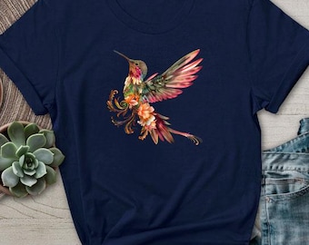 Floral Hummingbird TShirt Animal Bird Lover Tee Spring Flower Bouquet Shirt